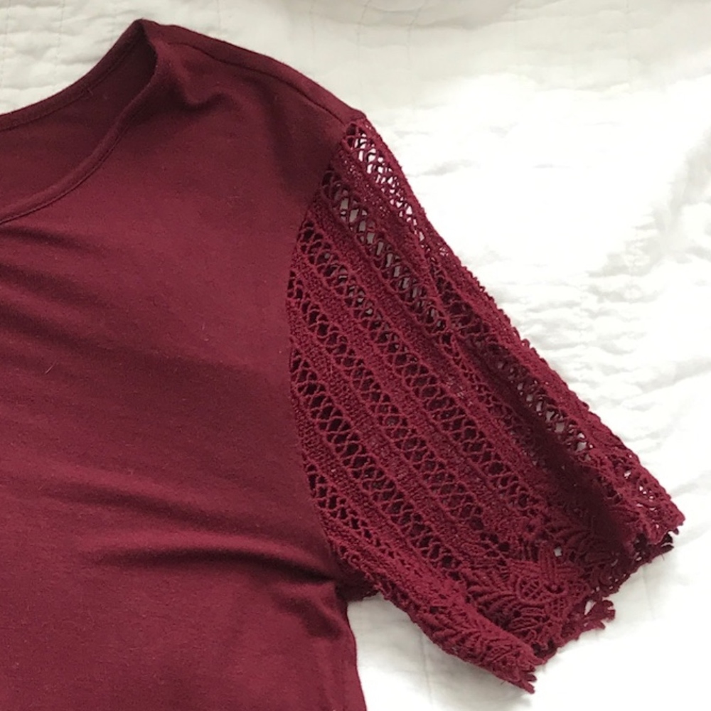 LOFT Burgundy Crochet Sleeve Shirt